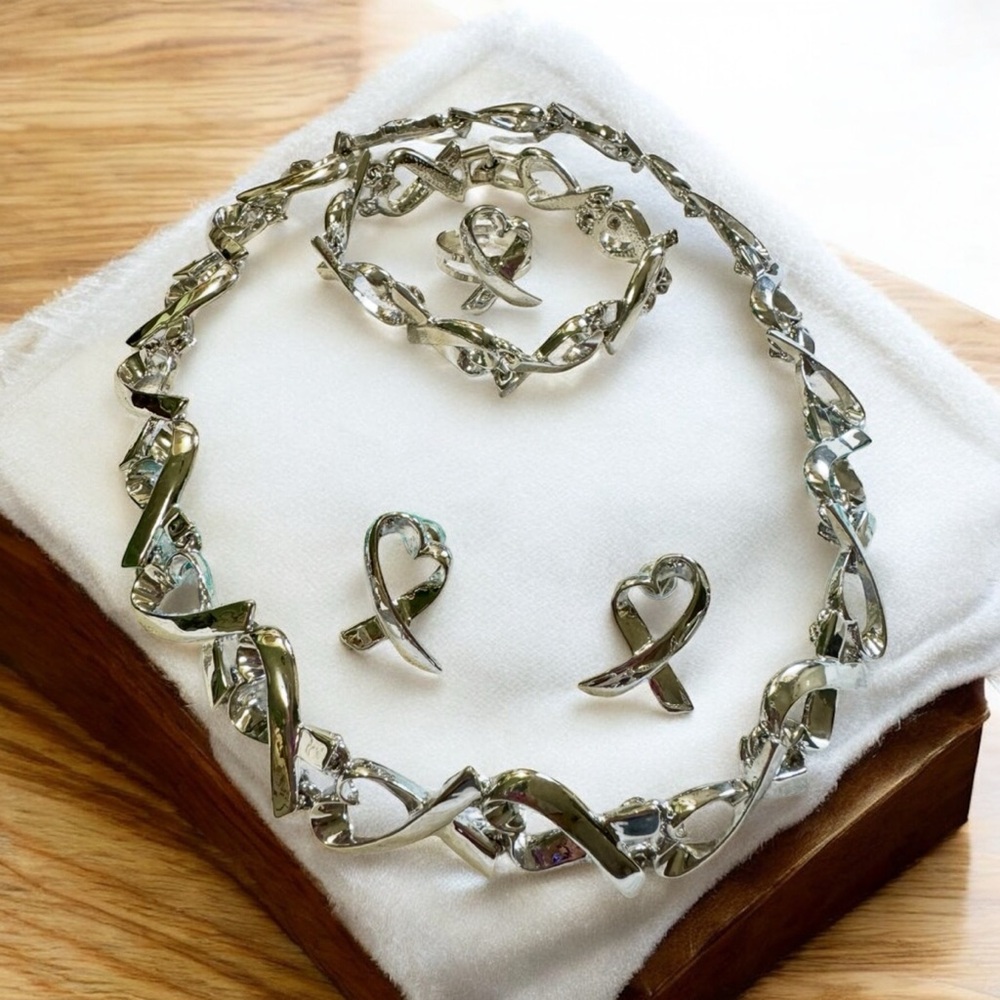 Elegant Silver Plated Necklace, Earrings & Adjustable ring set NWOT